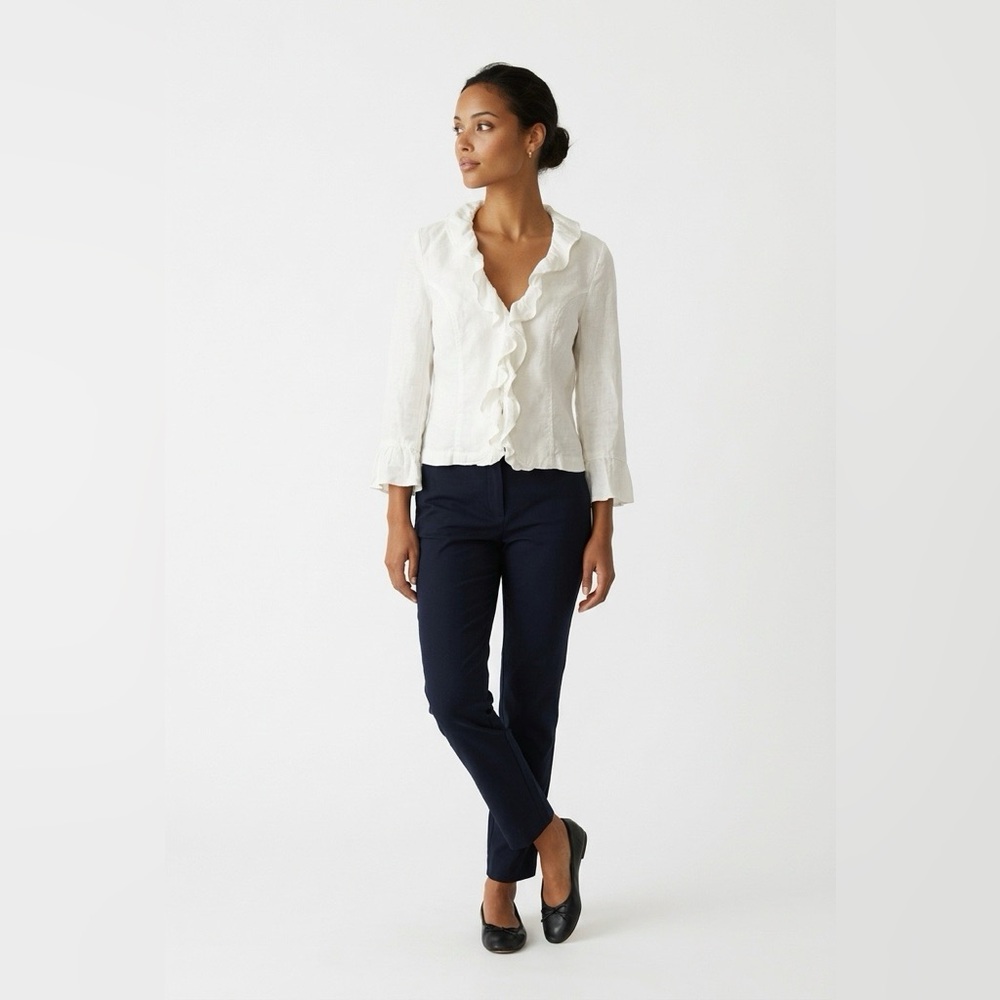 INC International Concepts White Ruffle-Front V-Neck Linen Jacket